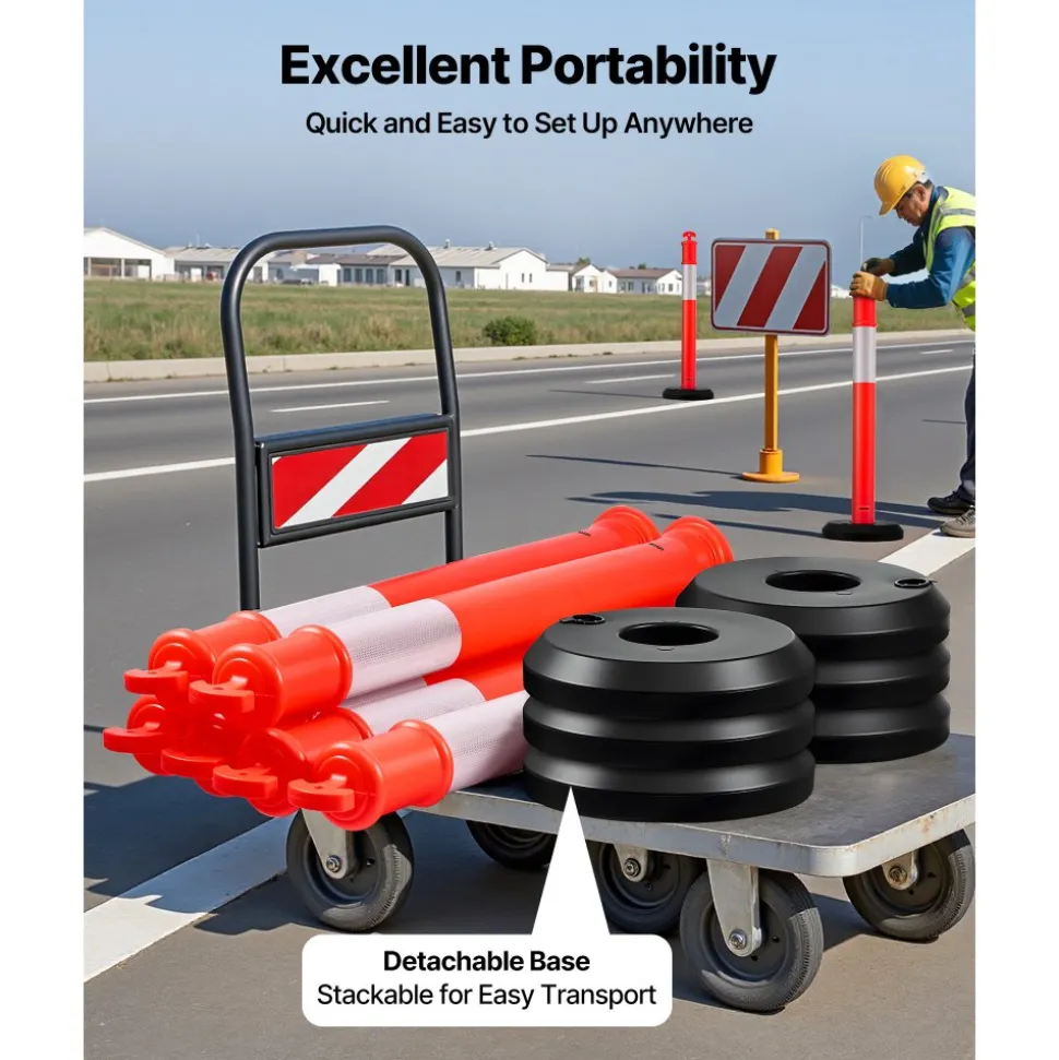 VEVOR 9 Pack Traffic Delineator Posts, 48 inches Traffic Safety Cones with Fillable Base and Reflective Strips, Heavy Duty Delineator Posts for Construction Site, Parking Lot, Crowd Control, Red