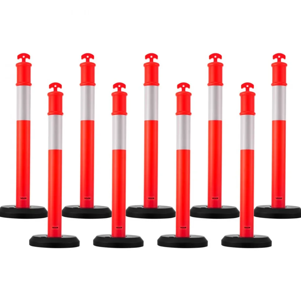 VEVOR 9 Pack Traffic Delineator Posts, 48 inches Traffic Safety Cones with Fillable Base and Reflective Strips, Heavy Duty Delineator Posts for Construction Site, Parking Lot, Crowd Control, Red