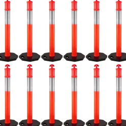 VEVOR 12Pack Traffic Delineator Posts 44 Inch Height, Channelizer Cones Post Kit 10 inch Reflective Band, Delineators Post with Rubber Base 16 inch for Construction Sites, Facility Management etc.