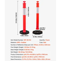 VEVOR 12 Pack Traffic Delineator Posts, 48 inches Traffic Safety Cones with Weighted Base and Reflective Strips, Heavy Duty Delineator Posts for Construction Site, Parking Lot, Crowd Control, Red