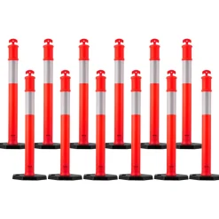 VEVOR 12 Pack Traffic Delineator Posts, 48 inches Traffic Safety Cones with Weighted Base and Reflective Strips, Heavy Duty Delineator Posts for Construction Site, Parking Lot, Crowd Control, Red