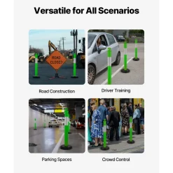 VEVOR 3 Pack Traffic Delineator Posts, 48 inches Traffic Safety Cones with Fillable Base and Reflective Strips, Heavy Duty Delineator Posts for Construction Site, Parking Lot, Crowd Control, Green