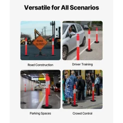 VEVOR 2 Pack Traffic Delineator Posts, 48 inches Traffic Safety Cones with Fillable Base and Reflective Strips, Heavy Duty Delineator Posts for Construction Site, Parking Lot, Crowd Control, Red
