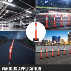 VEVOR 10Pack Traffic Delineator Posts 44 Inch Height, PE Channelizer Cones Post Kit 10 inch Reflective Band, Delineators Post with Rubber Base 16 inch for Construction Sites, Facility Management etc.