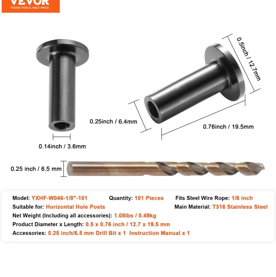 VEVOR 101 Pack T316 Stainless Steel Protector Sleeves for 1/8" Wire Rope Cable Railing, DIY Balustrade T316 Marine Grade, Come with A Free Drill Bit, Black