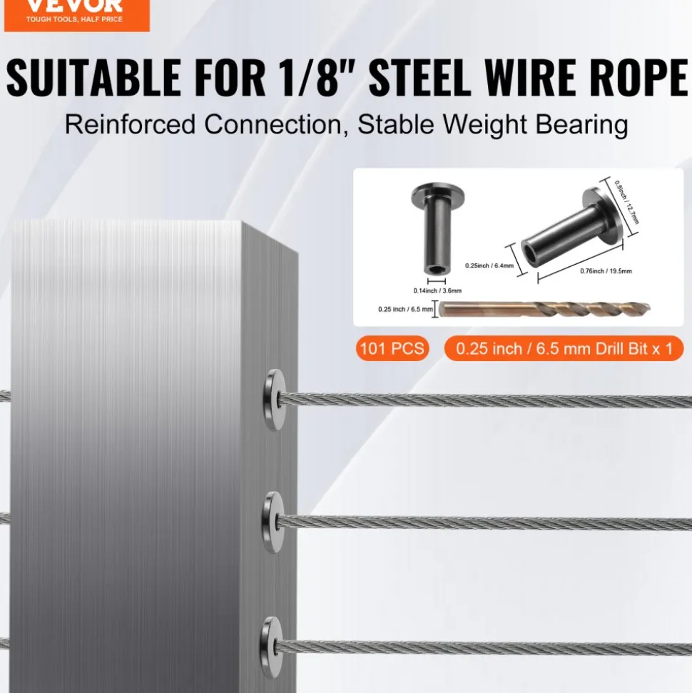 VEVOR 101 Pack T316 Stainless Steel Protector Sleeves for 1/8" Wire Rope Cable Railing, DIY Balustrade T316 Marine Grade, Come with A Free Drill Bit, Black