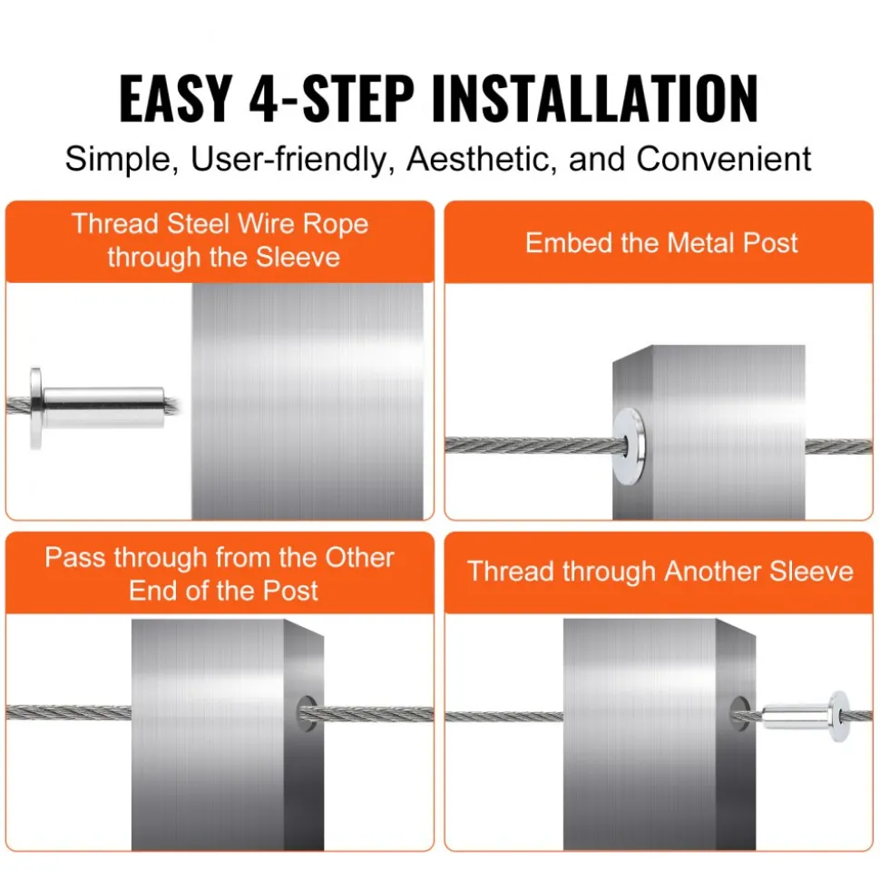 VEVOR 121 Pack T316 Stainless Steel Protector Sleeves for 1/8" Wire Rope Cable Railing, DIY Balustrade T316 Marine Grade, Come with A Free Drill Bit, Silver