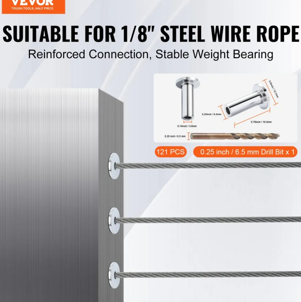 VEVOR 121 Pack T316 Stainless Steel Protector Sleeves for 1/8" Wire Rope Cable Railing, DIY Balustrade T316 Marine Grade, Come with A Free Drill Bit, Silver