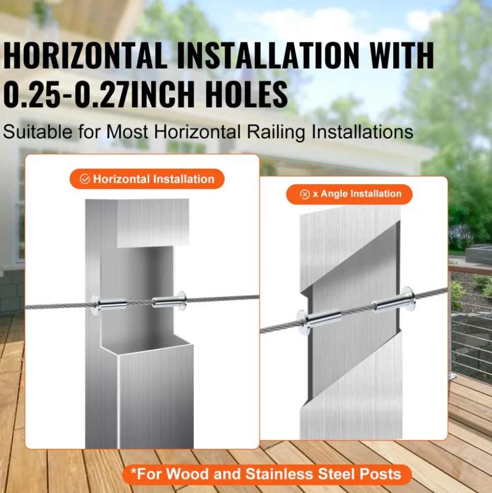 VEVOR 121 Pack T316 Stainless Steel Protector Sleeves for 1/8" Wire Rope Cable Railing, DIY Balustrade T316 Marine Grade, Come with A Free Drill Bit, Silver