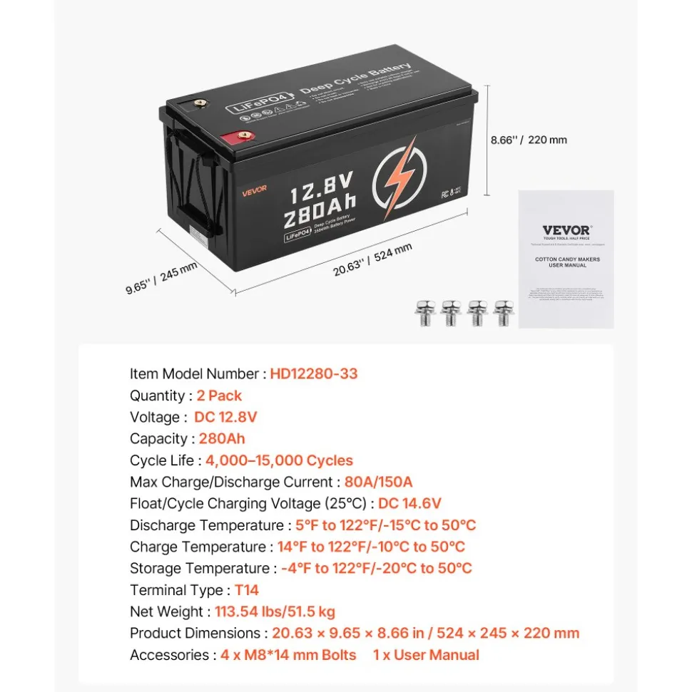 VEVOR 2 Pack 12V 280Ah LiFePO4 Battery, Up to 15000 Cycles, Deep Cycle Lithium Iron Phosphate Battery with Built-in BMS, Low Temp Protection, 10 Years Lifetime, for Solar Off-Grid Home Energy Storage