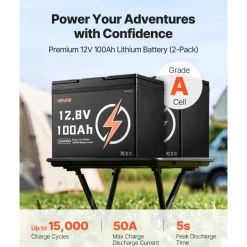 VEVOR 2 Pack 12V 100Ah LiFePO4 Battery, Up to 15000 Cycles, Deep Cycle Lithium Iron Phosphate Battery with Built-in BMS, Low Temp Protection, 10 Years Lifetime, for Solar Off-Grid Home Energy Storage
