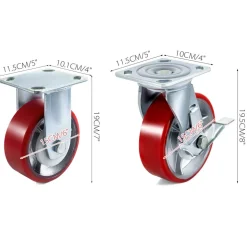 VEVOR 4 Pack 6 x 2 Inch Caster Wheels 2 Rigid and 2 Swivel Casters with Side Brake Polyurethane Iron Core Plate 1000LBS Capacity Per Wheel