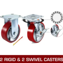 VEVOR 4 Pack 6 x 2 Inch Caster Wheels 2 Rigid and 2 Swivel Casters with Side Brake Polyurethane Iron Core Plate 1000LBS Capacity Per Wheel
