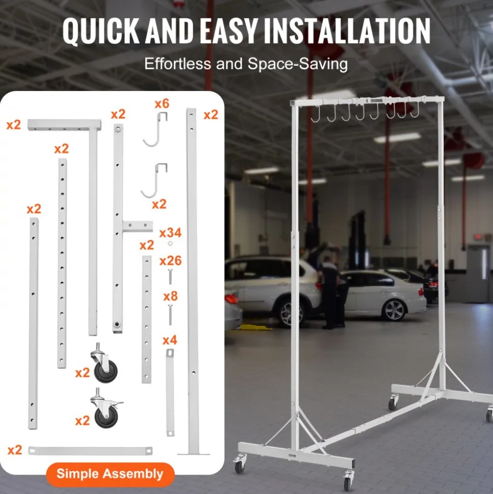 VEVOR Painting Rack, 5 ft-7 ft Adjustable Height, 66 lbs Capacity Automotive Paint Rack Stand, 8 Hooks Painting Drying Rack with 4 Swiveling Wheels, Auto Body Stand for Auto Repair Shops & Garage