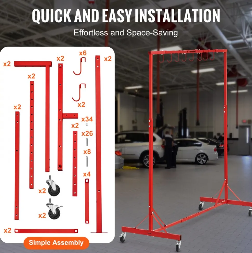 VEVOR Painting Rack, 1500 -2000 mm Adjustable Height, 66 lbs Capacity Automotive Paint Rack Stand, 8 Hooks Painting Drying Rack with 4 Swiveling Wheels, Auto Body Stand for Auto Repair Shops & Garage