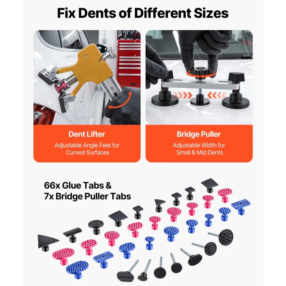 VEVOR Paintless Dent Removal Rods, 89 PCS Paintless Dent Repair Tools, Golden Lifter Puller Car Dent Repair Kit, Glue Puller Tabs Dent Puller Kit for Auto Dent Removal, Minor Dents, Door Dings