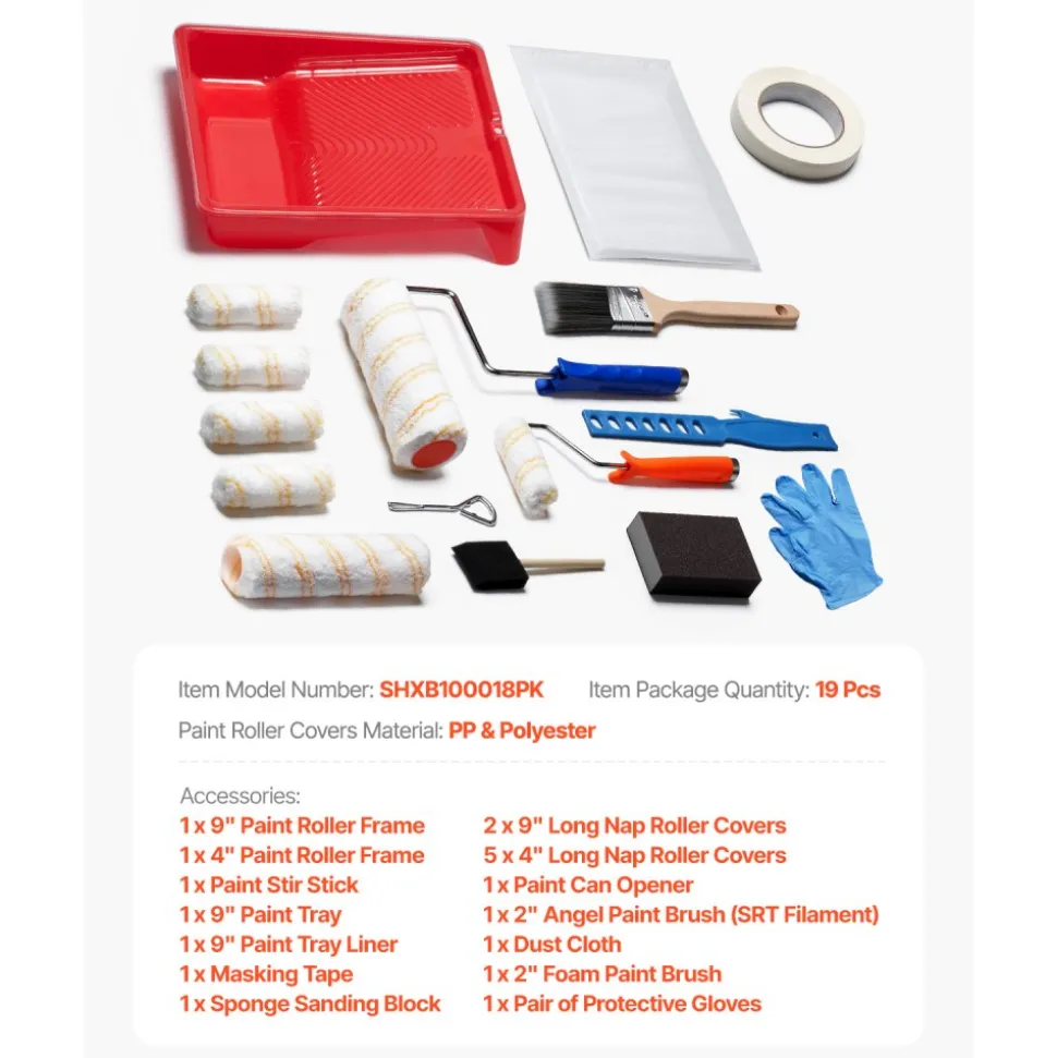 VEVOR Paint Roller Kit, 19 Piece Paint Roller Set, 4" and 9" Paint Rollers with 3/8" Naps, Paint Roller Frames, Paint Tray, Roller Covers, Paint Kit for Painting Walls, Professional or Home Owners