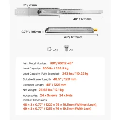 VEVOR 1 Pair Full Extension Drawer Slides 48 in, 500 lbs Load Capacity Locking Drawer Slides, Ball Bearing with Lock Side Mount Drawer Slide Rail
