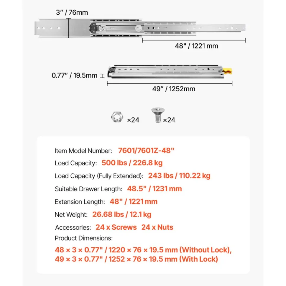 VEVOR 1 Pair Full Extension Drawer Slides 48 in, 500 lbs Load Capacity Locking Drawer Slides, Ball Bearing with Lock Side Mount Drawer Slide Rail