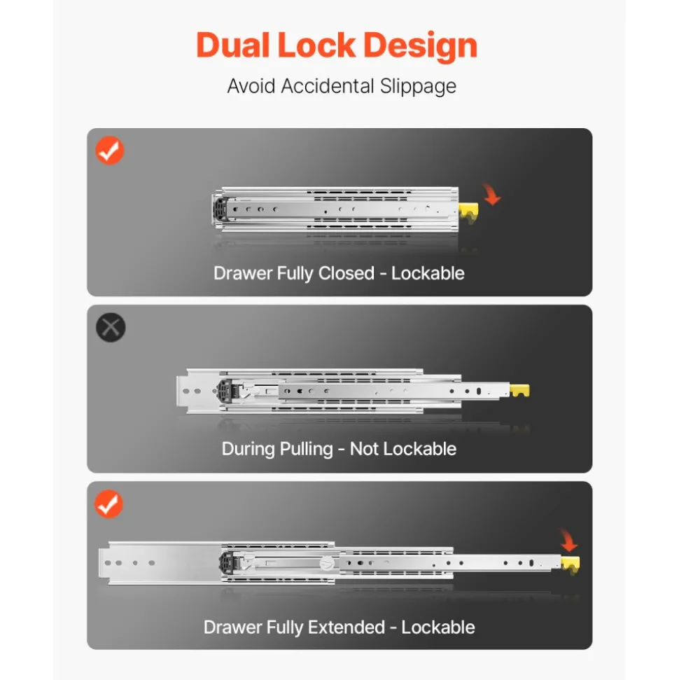 VEVOR 1 Pair Full Extension Drawer Slides 18 20 22 28 30 32 36 38 40 44 48 52 56 60 in, 500 lbs Load Capacity Locking Drawer Slides, Ball Bearing with Lock Side Mount Drawer Slide Rail