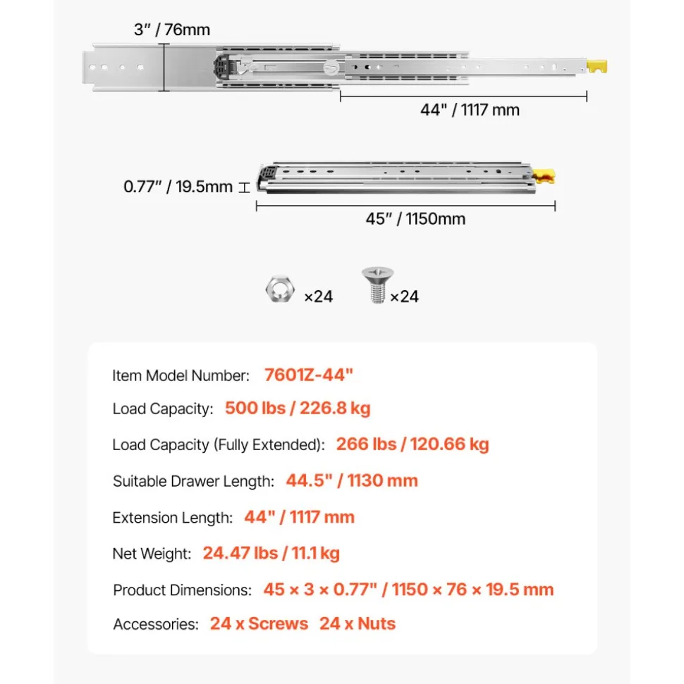 VEVOR 1 Pair Full Extension Drawer Slides 18 20 22 28 30 32 36 38 40 44 48 52 56 60 in, 500 lbs Load Capacity Locking Drawer Slides, Ball Bearing with Lock Side Mount Drawer Slide Rail