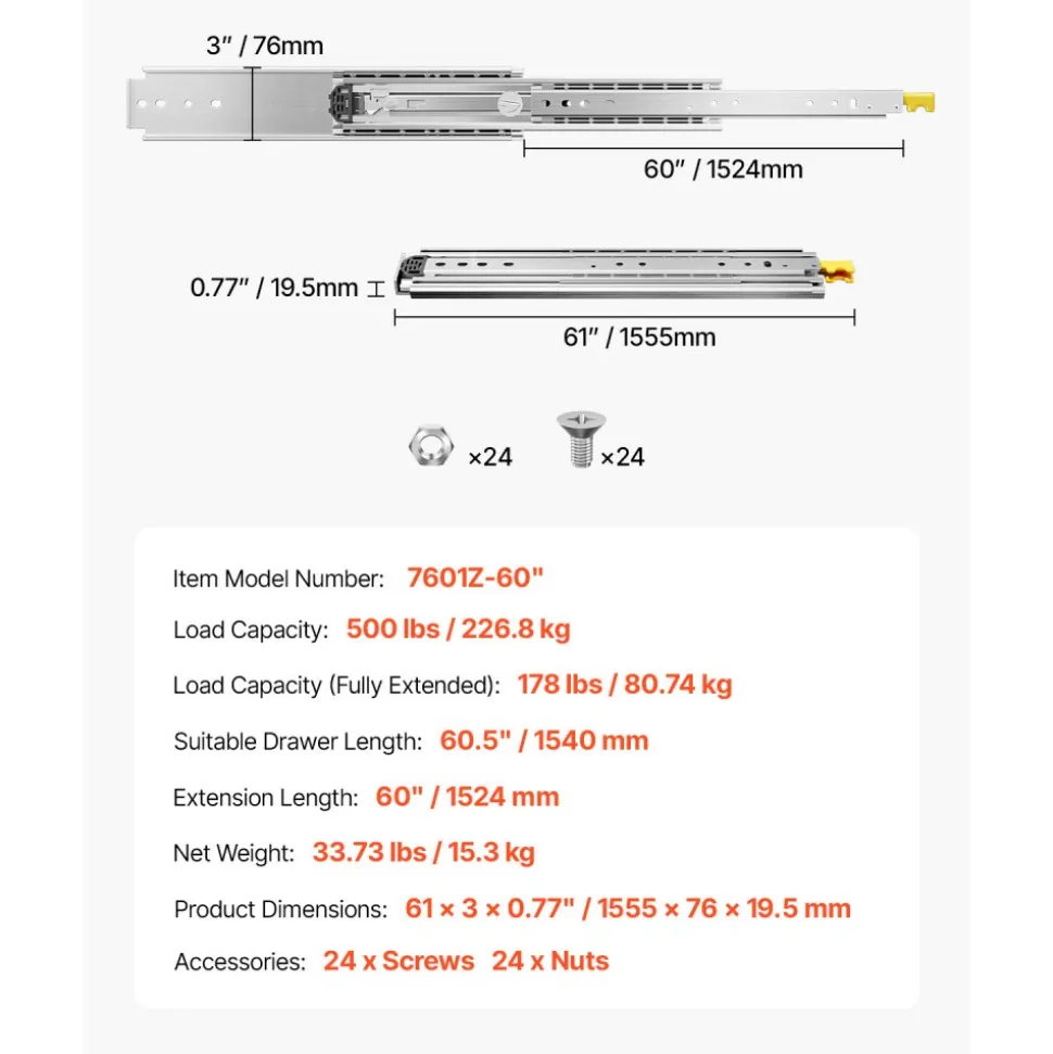 VEVOR 1 Pair Full Extension Drawer Slides 18 20 22 28 30 32 36 38 40 44 48 52 56 60 in, 500 lbs Load Capacity Locking Drawer Slides, Ball Bearing with Lock Side Mount Drawer Slide Rail