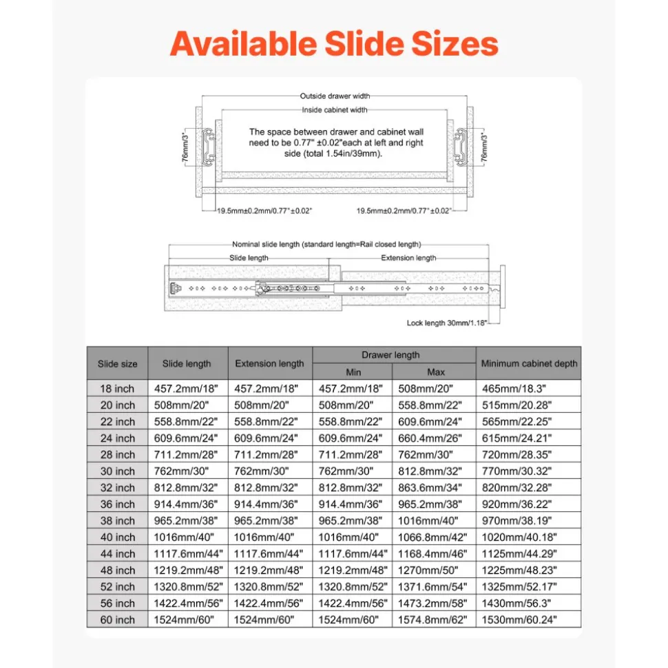 VEVOR 1 Pair Full Extension Drawer Slides 18 20 22 28 30 32 36 38 40 44 48 52 56 60 in, 500 lbs Load Capacity Locking Drawer Slides, Ball Bearing with Lock Side Mount Drawer Slide Rail