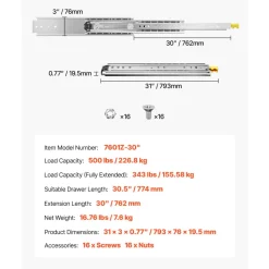 VEVOR 1 Pair Full Extension Drawer Slides 18 20 22 28 30 32 36 38 40 44 48 52 56 60 in, 500 lbs Load Capacity Locking Drawer Slides, Ball Bearing with Lock Side Mount Drawer Slide Rail