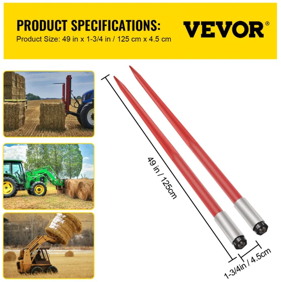 VEVOR Pair Hay Spear 49" Bale Spear 3000 lbs Capacity, Bale Spike Quick Attach Square Hay Bale Spears 1 3/4", Red Coated Bale Forks, Bale Hay Spike with Hex Nut & Sleeve for Buckets Tractors Loaders