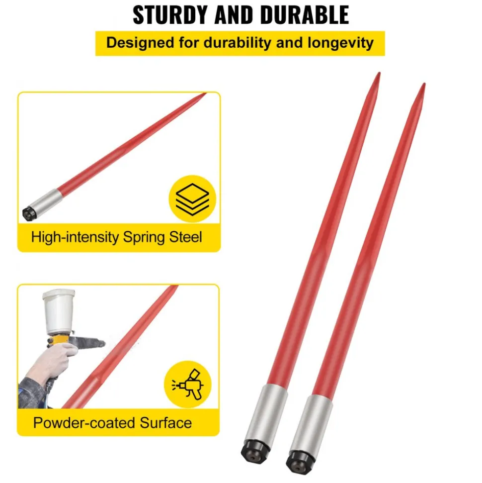 VEVOR Pair Hay Spear 49" Bale Spear 3000 lbs Capacity, Bale Spike Quick Attach Square Hay Bale Spears 1 3/4", Red Coated Bale Forks, Bale Hay Spike with Hex Nut & Sleeve for Buckets Tractors Loaders