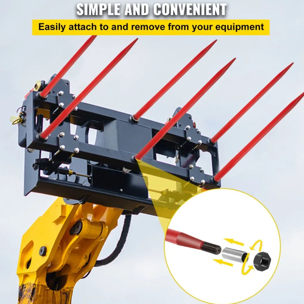 VEVOR Pair Hay Spear 49" Bale Spear 3000 lbs Capacity, Bale Spike Quick Attach Square Hay Bale Spears 1 3/4", Red Coated Bale Forks, Bale Hay Spike with Hex Nut & Sleeve for Buckets Tractors Loaders