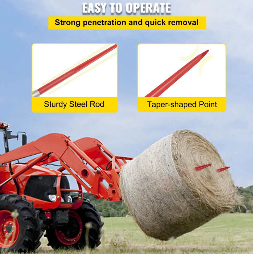 VEVOR Pair Hay Spear 49" Bale Spear 3000 lbs Capacity, Bale Spike Quick Attach Square Hay Bale Spears 1 3/4", Red Coated Bale Forks, Bale Hay Spike with Hex Nut & Sleeve for Buckets Tractors Loaders
