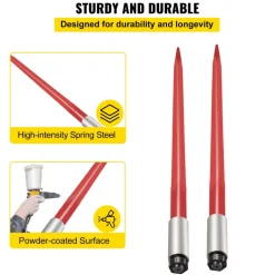 VEVOR Pair Hay Spear 39" Bale Spear 3000 lbs Capacity, Bale Spike Quick Attach Square Hay Bale Spears 1 3/4", Red Coated Bale Forks, Bale Hay Spike with Hex Nut & Sleeve for Buckets Tractors Loaders