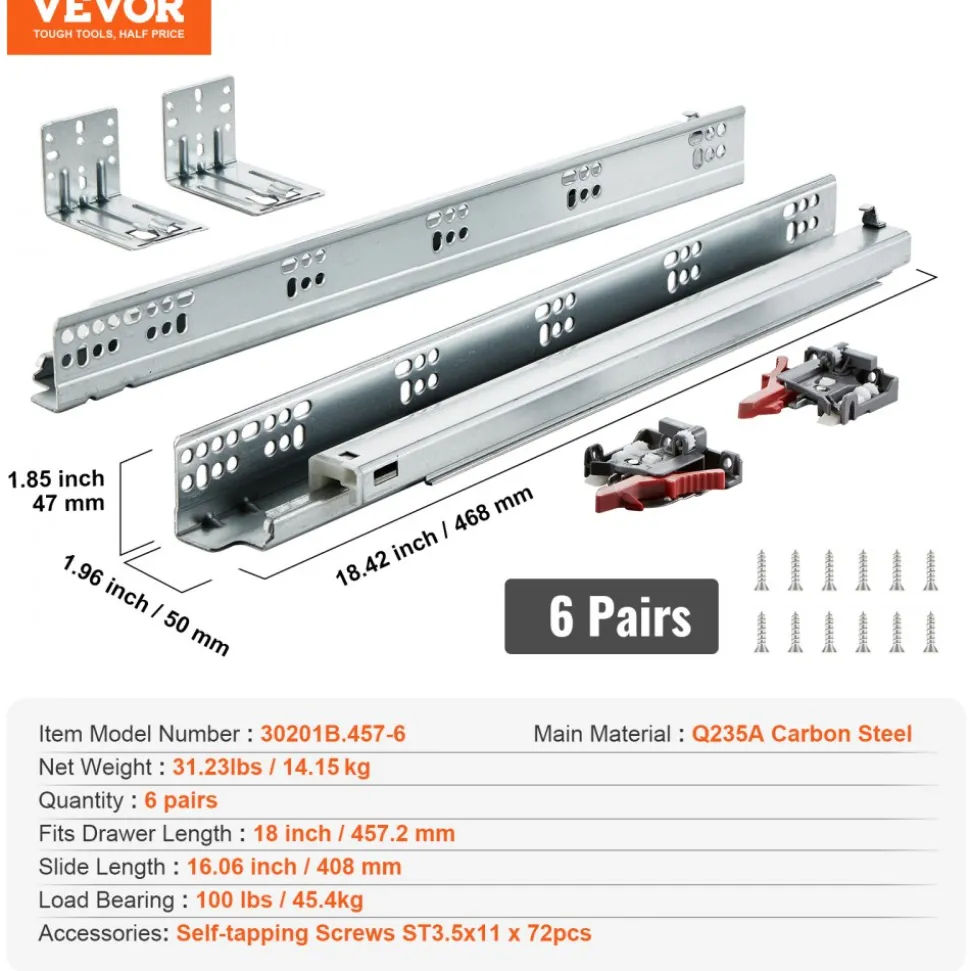 VEVOR 6 Pairs of 18 Inch Drawer Bottom Side Mount Rails, Heavy Duty Full Ball Bearing Extension Steel Track, Soft-Close Noiseless Guide Glides Cabinet Kitchen Runners with Locking Mechanism, 100 Lbs
