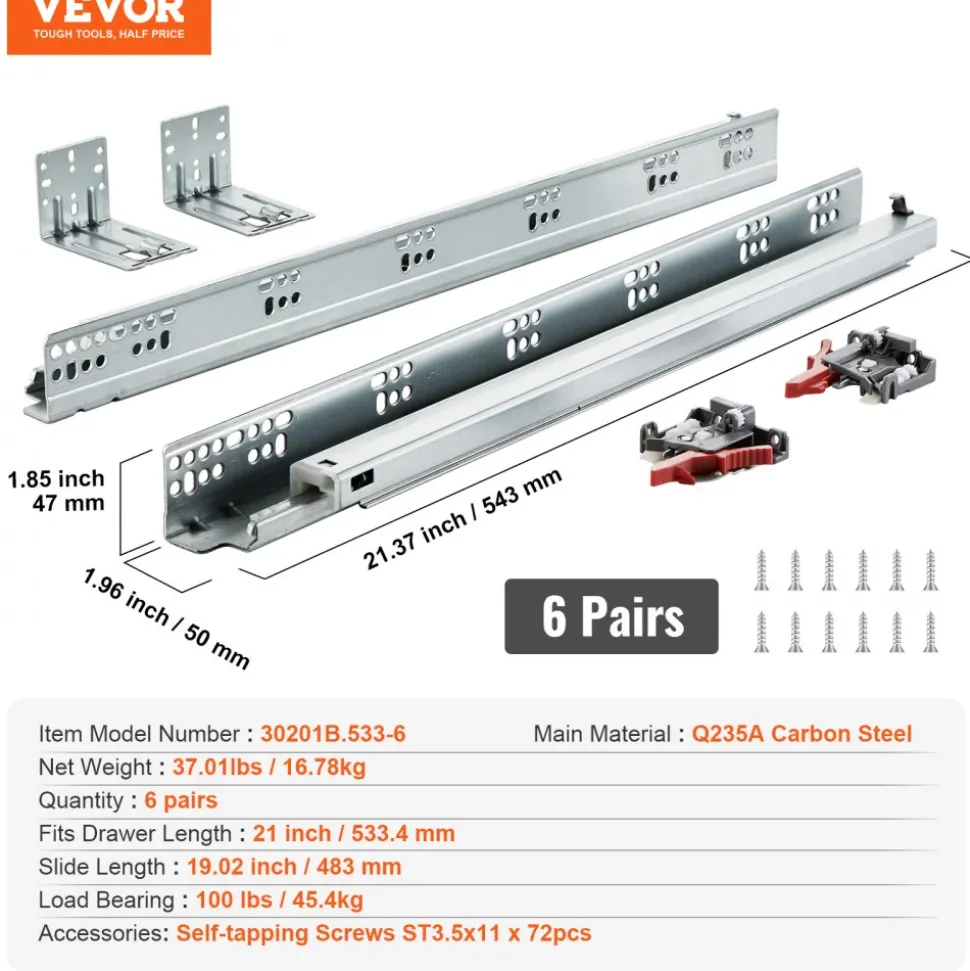 VEVOR 6 Pairs of 21 Inch Drawer Bottom Side Mount Rails, Heavy Duty Full Ball Bearing Extension Steel Track, Soft-Close Noiseless Guide Glides Cabinet Kitchen Runners with Locking Mechanism, 100 Lbs
