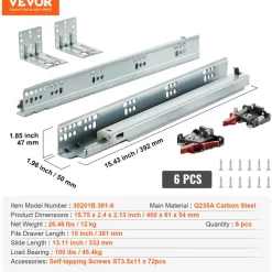VEVOR 6 Pairs of 15 Inch Drawer Bottom Side Mount Rails, Heavy Duty Full Ball Bearing Extension Steel Track, Soft-Close Noiseless Guide Glides Cabinet Kitchen Runners with Locking Mechanism, 100 Lbs