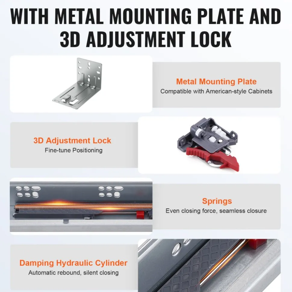 VEVOR 6 Pairs of 15 Inch Drawer Bottom Side Mount Rails, Heavy Duty Full Ball Bearing Extension Steel Track, Soft-Close Noiseless Guide Glides Cabinet Kitchen Runners with Locking Mechanism, 100 Lbs