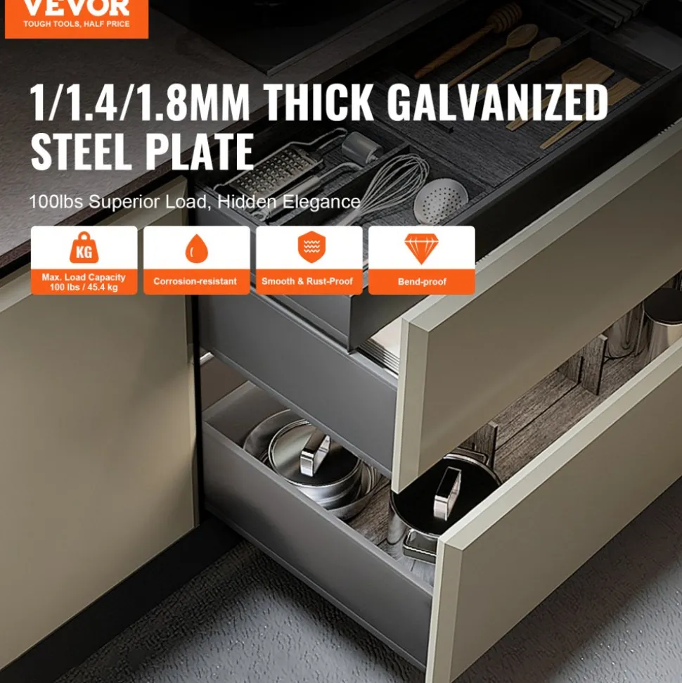 VEVOR 6 Pairs of 15 Inch Drawer Bottom Side Mount Rails, Heavy Duty Full Ball Bearing Extension Steel Track, Soft-Close Noiseless Guide Glides Cabinet Kitchen Runners with Locking Mechanism, 100 Lbs