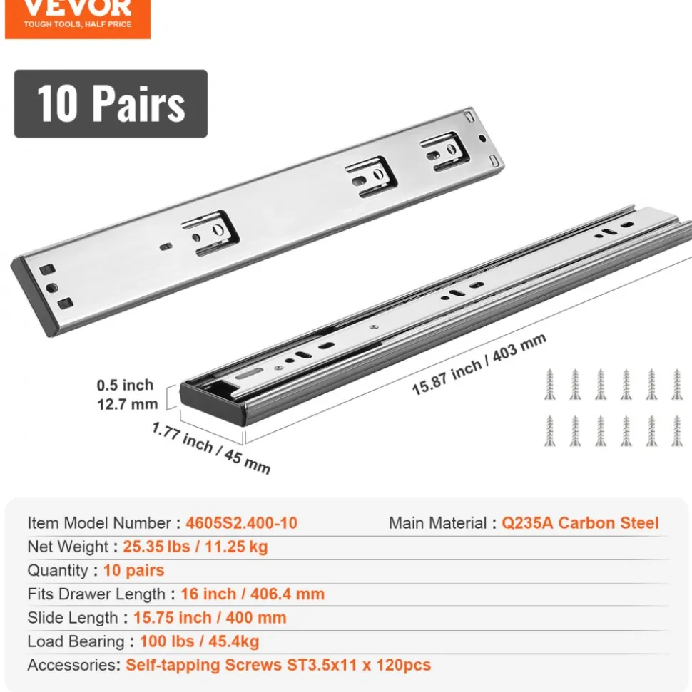 VEVOR 10 Pairs of 16 Inch Drawer Slides Side Mount Rails, Heavy Duty Full Extension Steel Track, Soft-Close Noiseless Guide Glides Cabinet Kitchen Runners with Ball Bearing, 100 Lbs Load Capacity