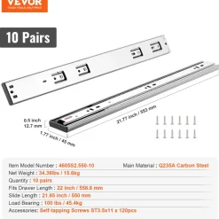 VEVOR 10 Pairs of 22 Inch Drawer Slides Side Mount Rails, Heavy Duty Full Extension Steel Track, Soft-Close Noiseless Guide Glides Cabinet Kitchen Runners with Ball Bearing, 100 Lbs Load Capacity