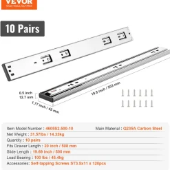 VEVOR 10 Pairs of 20 Inch Drawer Slides Side Mount Rails, Heavy Duty Full Extension Steel Track, Soft-Close Noiseless Guide Glides Cabinet Kitchen Runners with Ball Bearing, 100 Lbs Load Capacity