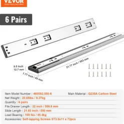 VEVOR 6 Pairs of 22 Inch Drawer Slides Side Mount Rails, Heavy Duty Full Extension Steel Track, Soft-Close Noiseless Guide Glides Cabinet Kitchen Runners with Ball Bearing, 100 Lbs Load Capacity