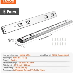 VEVOR 6 Pairs of 18 Inch Drawer Slides Side Mount Rails, Heavy Duty Full Extension Steel Track, Soft-Close Noiseless Guide Glides Cabinet Kitchen Runners with Ball Bearing, 100 Lbs Load Capacity