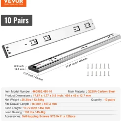 VEVOR 10 Pairs of 18 Inch Drawer Slides Side Mount Rails, Heavy Duty Full Extension Steel Track, Soft-Close Noiseless Guide Glides Cabinet Kitchen Runners with Ball Bearing, 100 Lbs Load Capacity