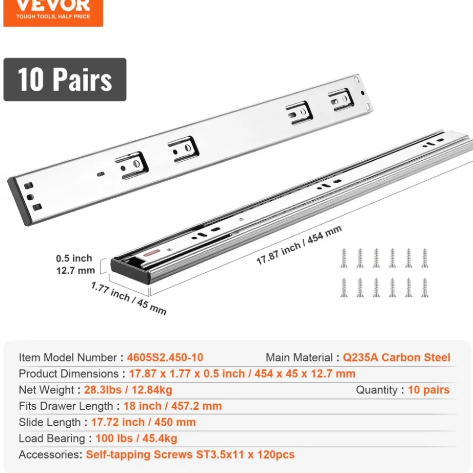 VEVOR 10 Pairs of 18 Inch Drawer Slides Side Mount Rails, Heavy Duty Full Extension Steel Track, Soft-Close Noiseless Guide Glides Cabinet Kitchen Runners with Ball Bearing, 100 Lbs Load Capacity