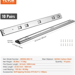 VEVOR 10 Pairs of 24 Inch Drawer Slides Side Mount Rails, Heavy Duty Full Extension Steel Track, Soft-Close Noiseless Guide Glides Cabinet Kitchen Runners with Ball Bearing, 100 Lbs Load Capacity