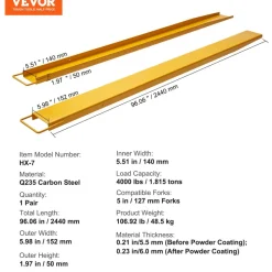 VEVOR Pallet Fork Extensions, 96" Length 5.5" Width, Heavy Duty Carbon Steel Fork Extensions for Forklifts, 1 Pair Forklift Extensions, Industrial Forklift Fork Attachments for Forklift Truck, Yellow
