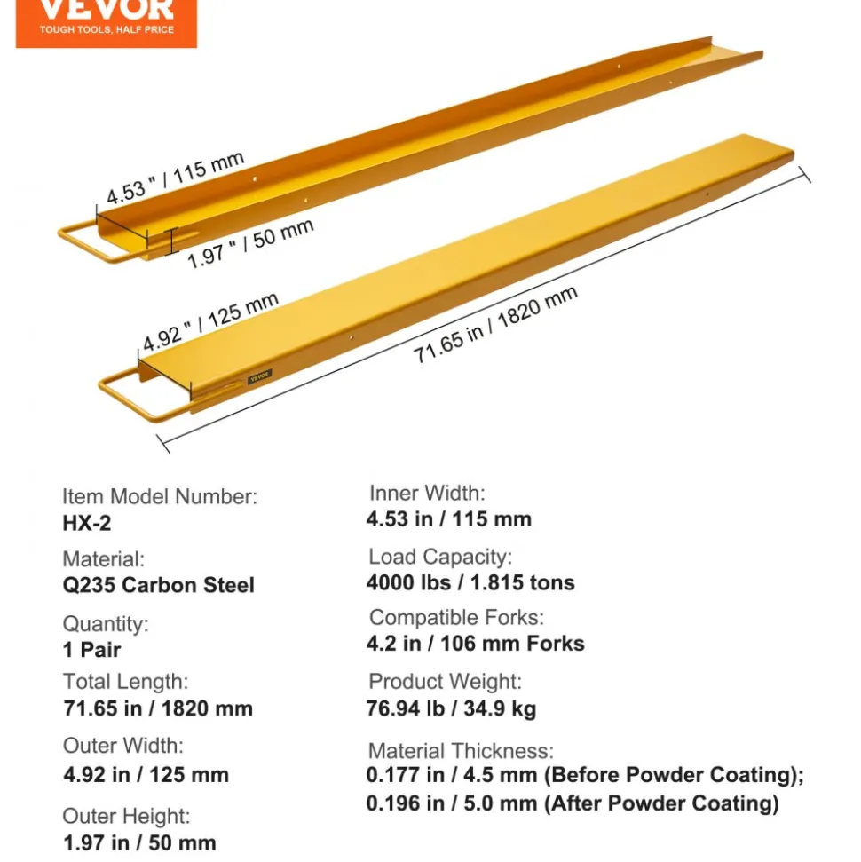 VEVOR Pallet Fork Extensions, 82" Length 4.5" Width, Heavy Duty Carbon Steel Fork Extensions for Forklifts, 1 Pair Forklift Extensions with Pins, Forklift Fork Attachments for Forklift Truck, Red