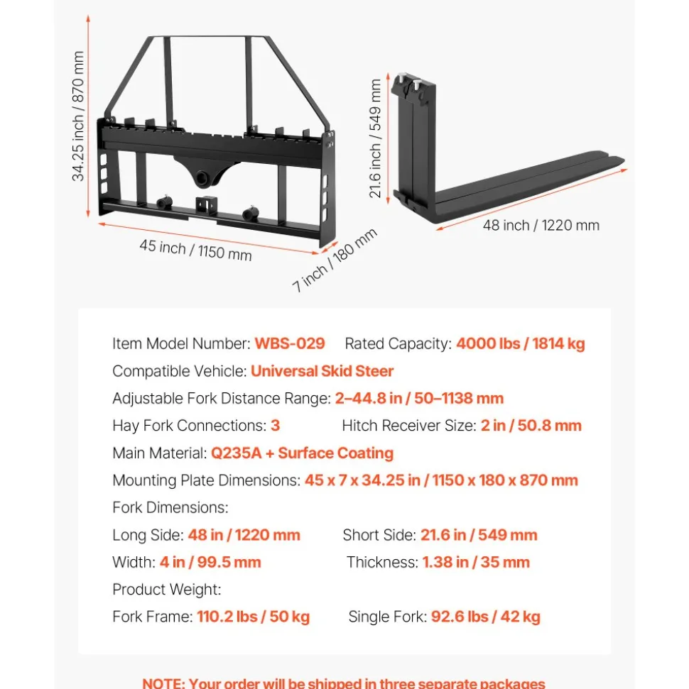 VEVOR Pallet Fork Frame Attachment with 48-inch Skid Steer Pallet Forks 4000 lbs