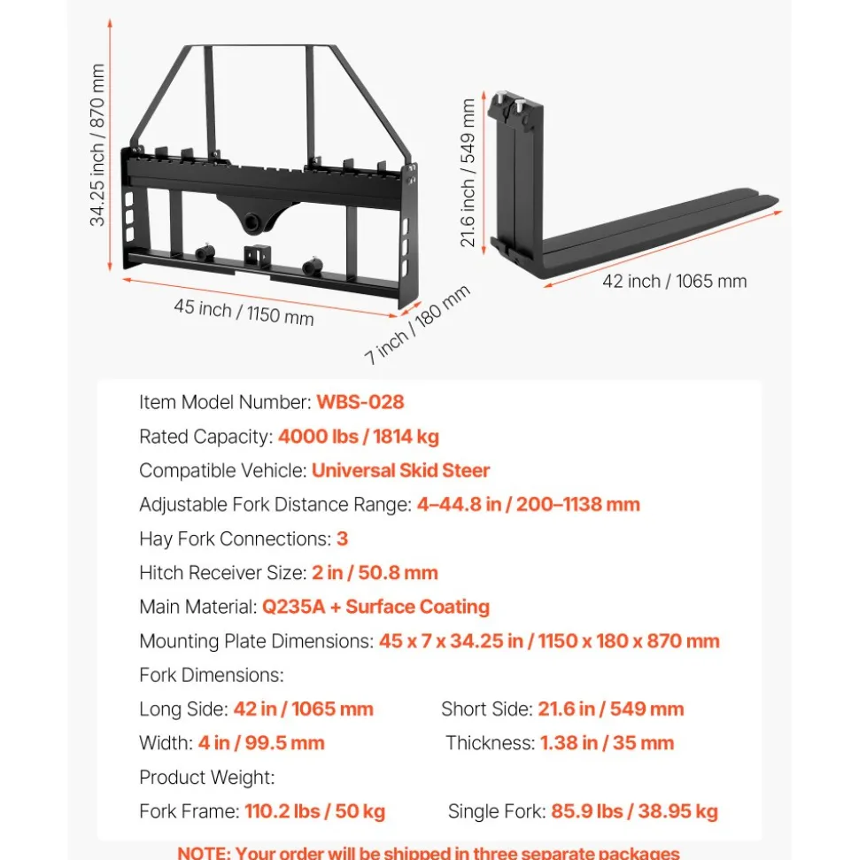 VEVOR Pallet Fork Frame Attachment with 42-inch Skid Steer Pallet Forks 4000 lbs
